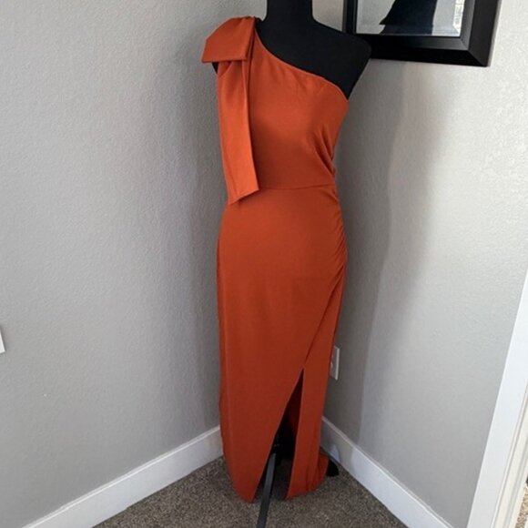 NWT PRETTY GARDEN Burnt Orange Long One Shoulder Formal Dress Small - Picture 4 of 16